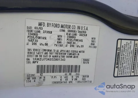 2003 Ford Explorer Nbx/Xlt из США, поврежденный, VIN 1FMZU73K03ZB01343